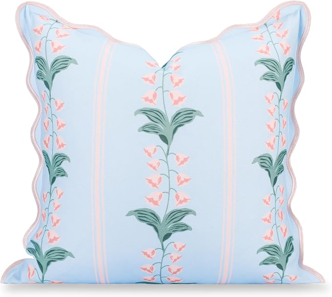 Hofdeco Premium Grandmillennial Patio Indoor Outdoor Throw Pillow Cover Only, 20"x20" Water Repellent for Backyard, Couch, Poolside, Baby Blue Pink Print Watercolor Striped Lily of the Valley