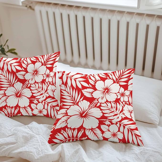 Red Hibiscus Flowers Waterproof Outdoor Pillow Covers Set of 2 Home Decor, Tropical Monstera Leaves Pillowcase Patio Pillow Covers for Couch Bench Patio Furniture Garden 26x26in