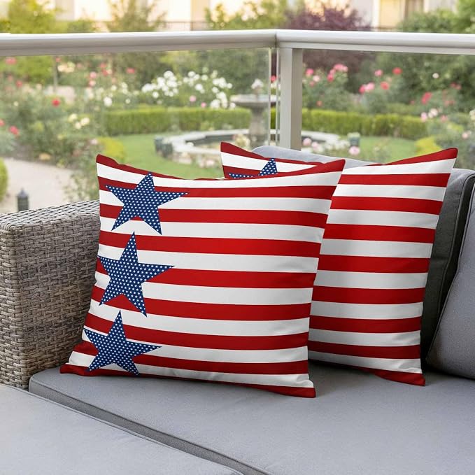 4th of July Outdoor Throw Pillows Covers 26x26 inch Set of 2 Waterproof Patriotic American Flag Zippered Cushion Covers for Patio Furniture, Red White and Blue Stars Stripes Lumbar Pillowcases