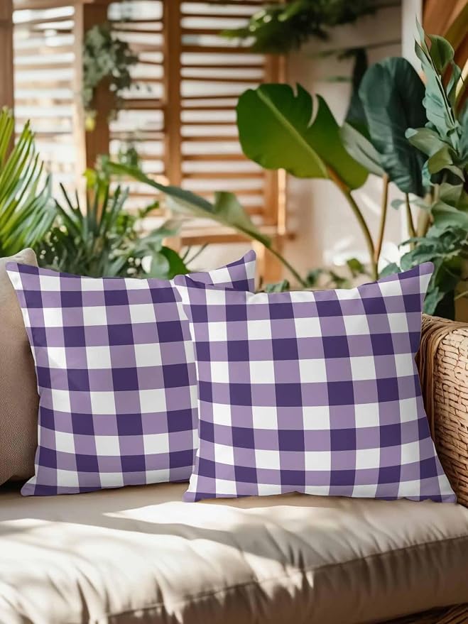 Waterproof Outdoor Pillow Set of 2 Purple Buffalo Plaid Decorative Throw Pillows Cover & Insert 16x16 Inch Pillowcase Check Lines Square Pillows for Couch Sofa Bed Patio Furniture Indoor Outdoor