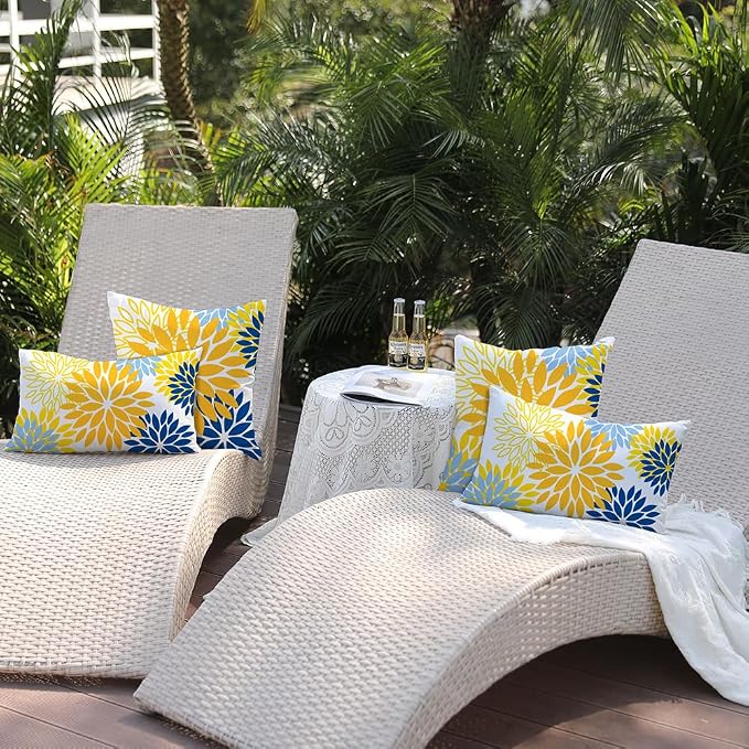 DFXSZ Outdoor Waterproof Pillow Covers 12x20 Set of 2 Yellow Blue Flower | Spring Summer Waterproof Flower Throw Pillowcases（No Inserts）Outdoor Decor for Patio Funiture Garden Polyester Covers
