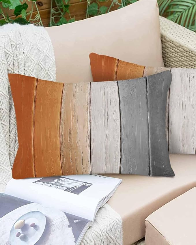 Lumbar Pillow Covers 20x12 Inch Set of 2, Burnt Orange Gray Ombre Waterproof Outdoor Cushion Covers, Vintage Farmhouse Wooden Decorative Pillowcases for Couch, Sofa, Bed, Garden, Patio