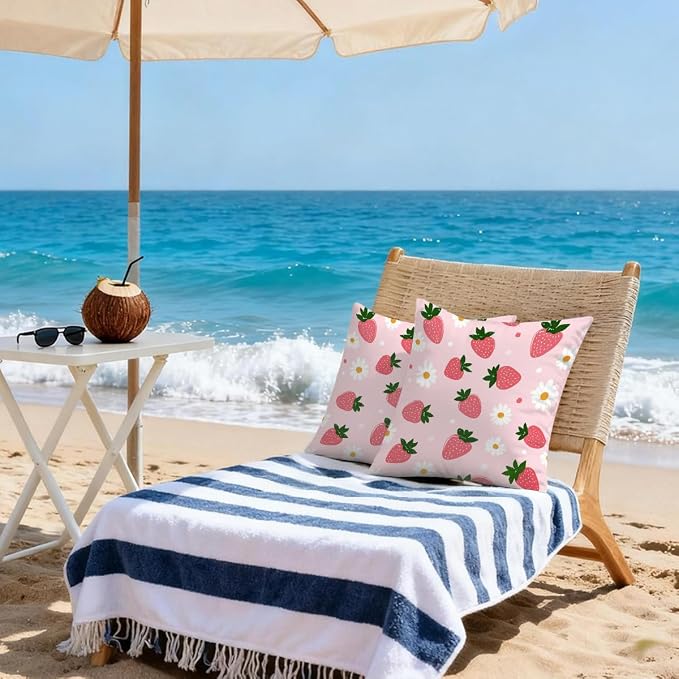 20x20 Inch Outdoor Pillow Covers Set of 2 Waterproof Throw Pillow Covers Decorative Couch Cushion Covers Pink Strawberries Daisy Square Pillowcases Protectors for Patio Garden Sofa