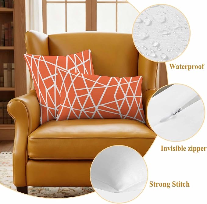 Outdoor Pillow Covers Waterproof, Orange Geometric Decorative Square Throw Pillowcases Patio Cushion Covers for Tent/Garden, 20" x 20" 2 Pack, Abstract Stripes Modern Simple