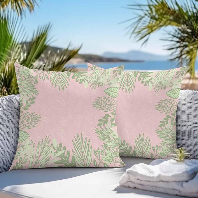 Vandarllin Outdoor Throw Pillows Covers 26x26 inch Set of 2 Waterproof Sage Green Leaves Decorative Zippered Cushion Covers for Patio Furniture, Spring Floral Plants Pink Lumbar Pillowcases