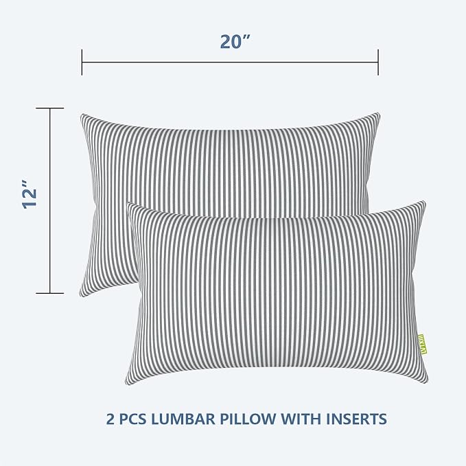 LVTXIII 12×20 Inch Outdoor Lumbar Pillows, Pack of 2 Water Repellent Lumbar Pillow with Inserts, Fluffy Decorative Garden Lumbar Cushions for Home Patio Coach Sofa Use, Topanga Stripe Grey