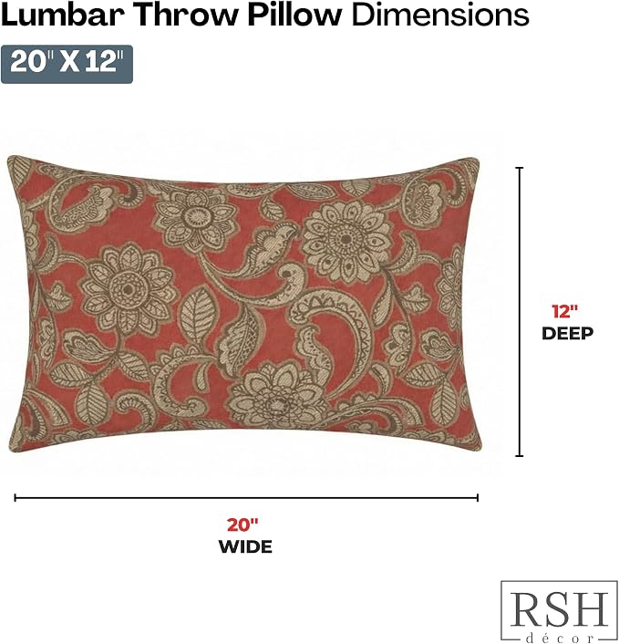 RSH DECOR: Outdura Lumbar Throw Pillows Set of 2 | 20" x 12" | Water and Fade-Resistant Performance Fabric | Outdoor Pillow Covers with Down-Alternative Inserts | Made in USA (Veranda Crimson)