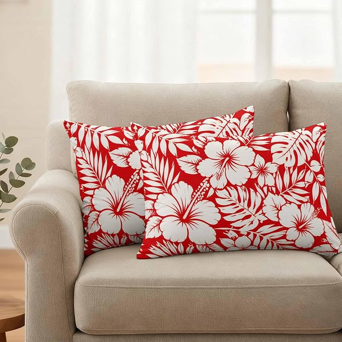 Red Hibiscus Flowers Waterproof Outdoor Pillow Covers Set of 2 Home Decor, Tropical Monstera Leaves Lumbar Pillowcase Patio Pillow Covers for Couch Bench Patio Furniture Garden 20x12in