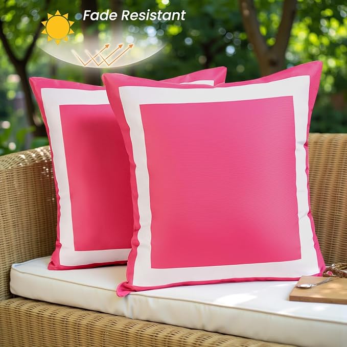 JOJOGOGO 18x18 Hot Pink Outdoor Throw Pillow Covers Waterproof & Sunproof Set of 2, White and Pink Outdoor Decorative Throw Pillows for Patio Furniture and Porch Decor(Without Inserts)