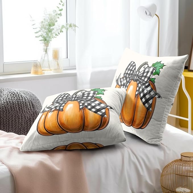 Rustic Autumn Pillow Covers Set of 2, 18x18 Inch Vintage Plaid Farmhouse Pumpkin Design Outdoor Decorative Square Throw Pillowcases for Home Couch Patio or Porch Seasonal Decor