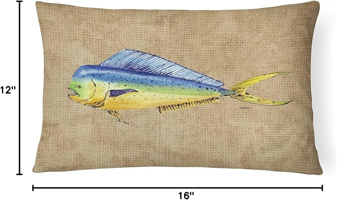 Caroline's Treasures 8810PW1216 Dolphin Mahi Mahi Canvas Fabric Decorative Pillow Machine Washable, Indoor Outdoor Decorative Pillow for Couch, Bed or Patio, 12HX16W