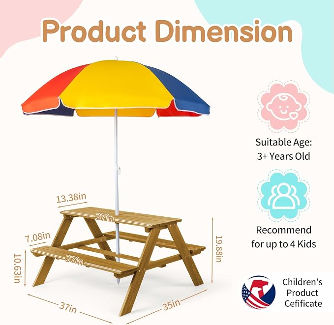 Kids Picnic Table, Wooden Toddler Picnic Table and Chair w/Removable Umbrella, Kids Outdoor Furniture for Patio Garden, Teak