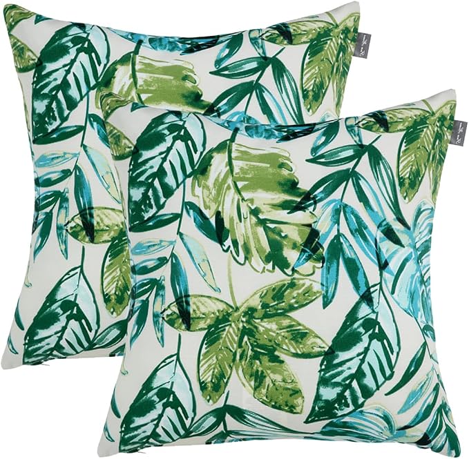 FUNHOME Water Resistant Outdoor Throw Pillows for Patio Furniture,18x18 Inch Decorative Pillows Set of 2 with Insert,Hidden Zipper Headrests for Sofa Couch Chair(Palm Leaf)