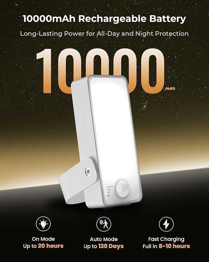 2 Pack Motion Sensor Outdoor Lights, 10000mAh Rechargeable 600 Lumen Battery Operated Outdoor Wall Lights with 3 Modes, 3 Colors, IP65 Waterproof Outdoor Security Lights for Fences, Garage, Patio