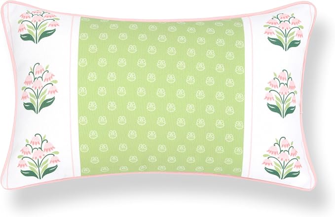 Hofdeco Premium Grandmillennial Patio Indoor Outdoor Lumbar Pillow Cover Only, 12"x20" Water Repellent for Backyard, Couch, Poolside, Grass Green Pink Print Block Print Striped Lily of the Valley