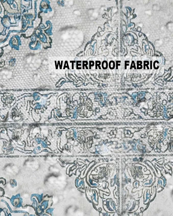 Waterproof Throw Pillow Covers for Couch Patio Living Room Furniture Garden Balcony, Retro Ethnic Floral Texture Style Blue Rectangle Cushion Cases Home Decorations, 20 x 12 Inch Set of 2