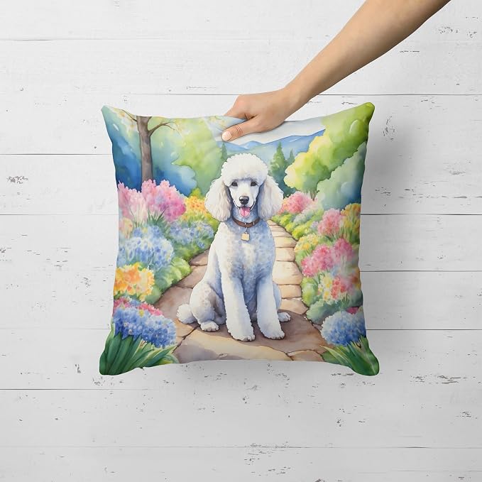 Caroline's Treasures White Poodle Spring Path Throw Pillow Machine Washable, Indoor Outdoor Decorative Pillow for Couch, Bed or Patio, 18Hx18W