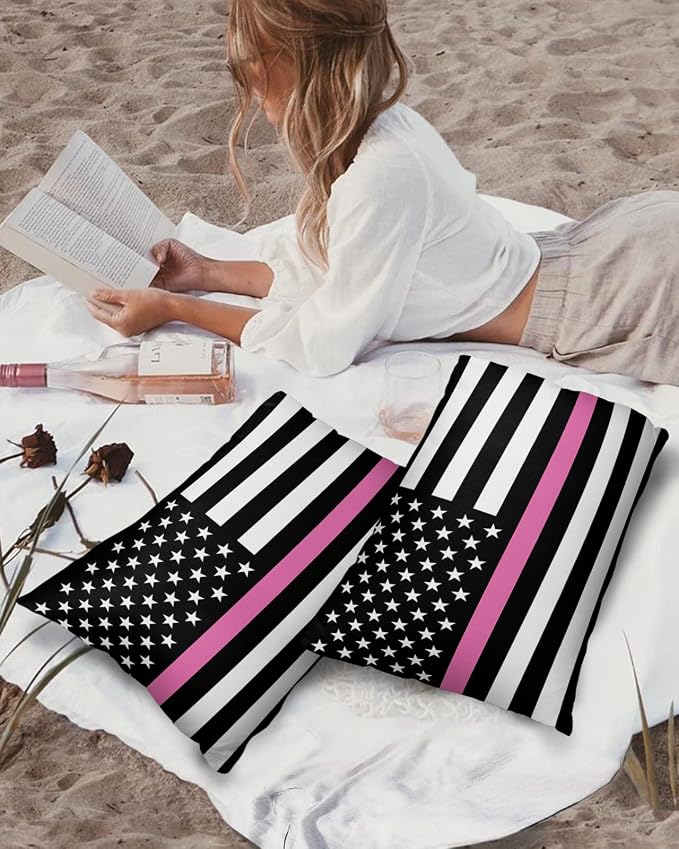 Outdoor Waterproof Pillow Covers Set of 2, Thin Pink Line Breast Cancer Awareness Women USA American Flag Patio Throw Pillow Covers, Decorative Cushion Case for Couch Sofa Furniture Garden, 20x12 Inch