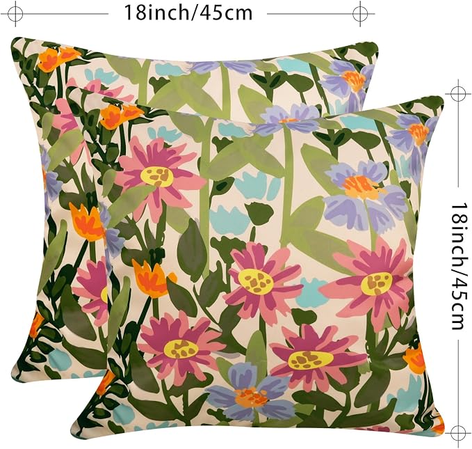 Pyonic Outdoor Pillows Waterproof Cover Pack of 2 Floral Waterproof Throw Pillows 18x18 inch for Patio Furniture Garden Furniture