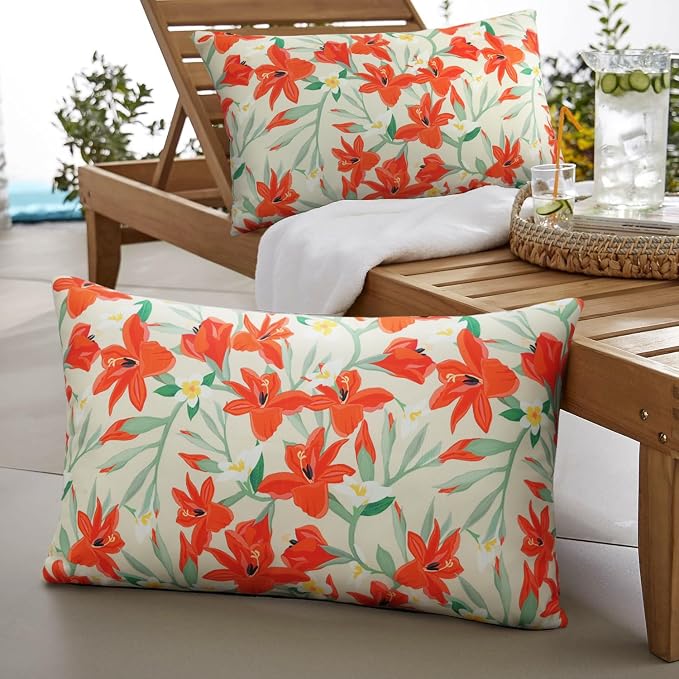 Pyonic Outdoor Pillows Cover Pack of 2 Floral Waterproof Throw Pillow Covers 12X20 inch Outdoor Lumbar Pillows for Patio Furniture Garden Outside Waterproof Throw Pillows