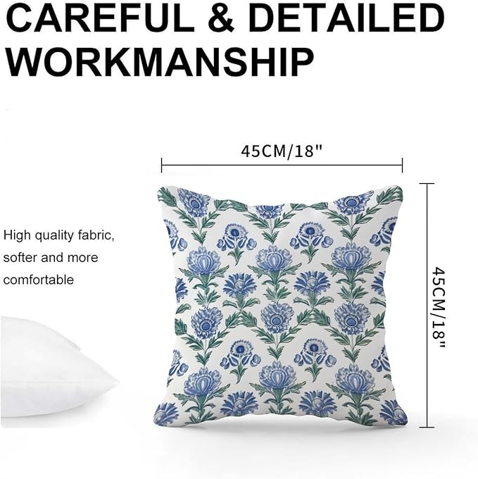Mughal Flower Pillowcase Blue Lotus Floral Throw Pillow Cover Classic Throw Pillow Covers Farmhouse Decorative for Patio Furniture Tent Garden 18x18 in