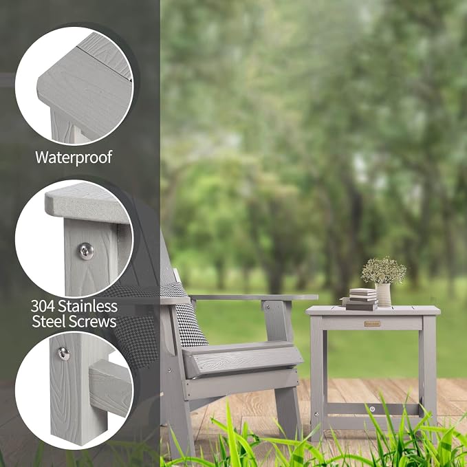 Outdoor Side Table Set of 2, HIPS Plastic Composite Adirondack Patio Table, Weather Resistant End Tables for Outside, Indoor, Patio, Garden, Pool, Porch, Backyard, Lawn, Deck - Grey