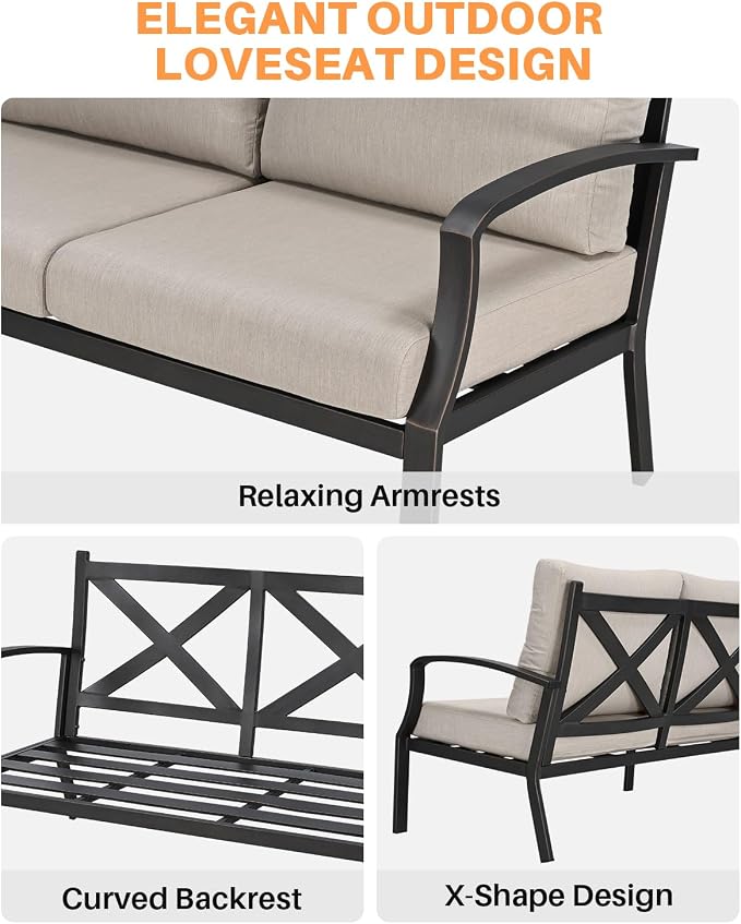 3-Seater Outdoor Patio Couch, Patio Sofa with Cushion, Dark Bronze | Never-Rust Aluminum, Spacious Design, Removable Cover, Outdoor Sofa Patio Sofa Couch For Backyard & Garden, Club Sofa Style
