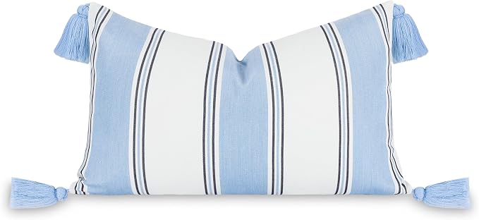 Hofdeco Premium Coastal Hampton Outdoor Performance Lumbar Pillow Cover Only, 12"x20" Water Repellent, UV and Fade Resistant for Backyard, Couch, Poolside, Azure Blue Indigo Woven Harbor Stripes