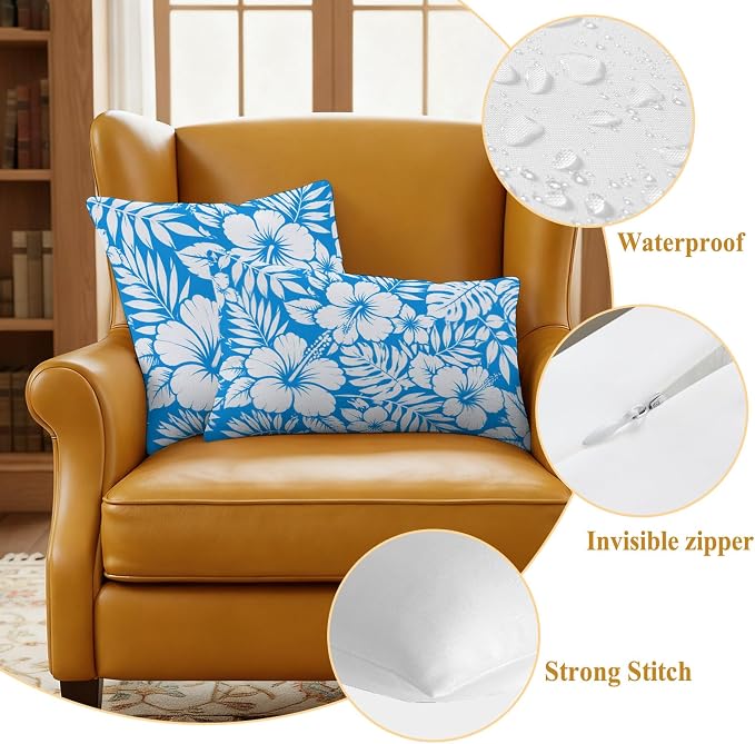 Hibiscus Flowers Waterproof Outdoor Pillow Covers Set of 2 Home Decor, Blue Tropical Monstera Leaves Pillowcase Patio Pillow Covers for Couch Bench Patio Furniture Garden 26x26in