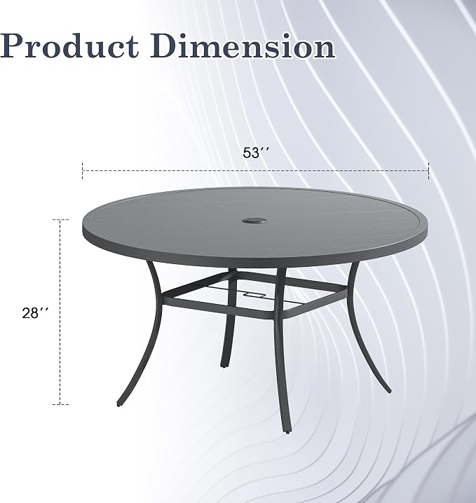 Outdoor Dining Table for 8, 53" Round Outdoor Table with Adjustable Umbrella Hole, All-Weather Metal Patio Dining Table for Lawn Garden Backyard Deck, Dark Grey