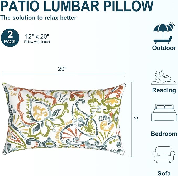 DYTXIII Pack of 2 Waterproof Outdoor Lumbar Pillow with Inserts, 12x20 in Rectangle Decorative Patio Throw Pillow for Home, Sofa,Bench and Patio Furniture, Paisley Botanical