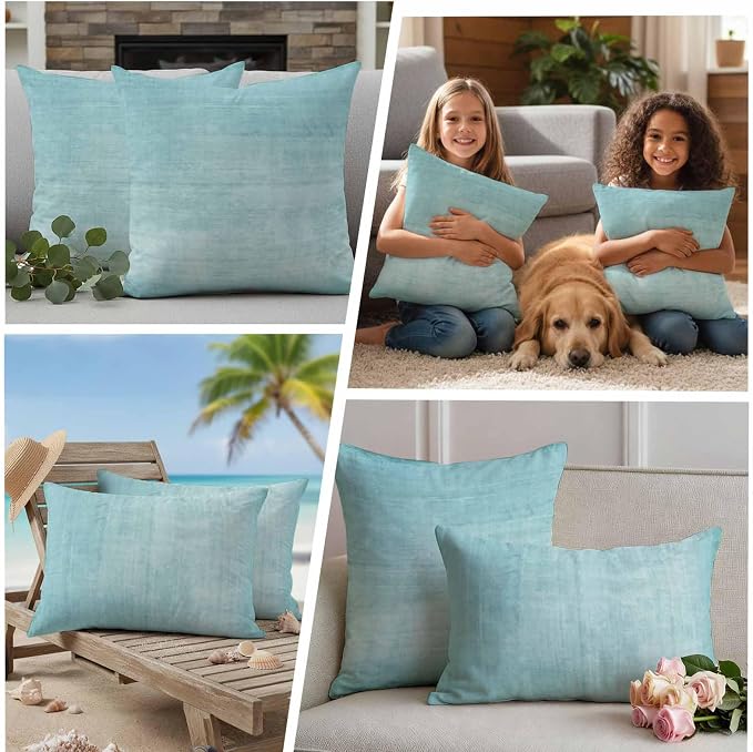 Vandarllin Outdoor Throw Pillows Covers 20x20 inch Set of 2 Waterproof Aqua Linen Decorative Zippered Cushion Covers for Patio Furniture, Solid Color Texture Lumbar Pillowcases