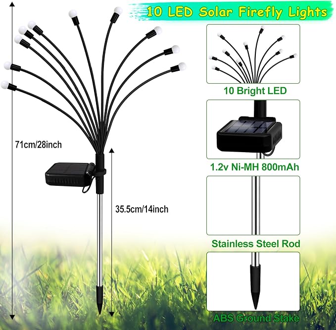 Kohlrabi Solar Garden Lights Outdoor, 10 Pack 80 LED Pink Firefly Lights Waterproof, Sway by Wind, Solar Wind Swaying Light for Yard Patio Backyard Garden Planter Flower Bed Pathway Decoration