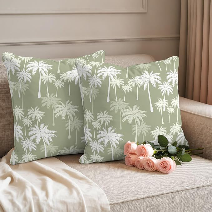 Throw Pillow Covers 26x26 Inch Set of 2, Tropical Palm Tree Waterproof Outdoor Pillow Covers, Sage Green Plants Coastal Leaf Beach Decorative Cushion Pillowcases for Couch, Sofa, Bed, Garden, Patio