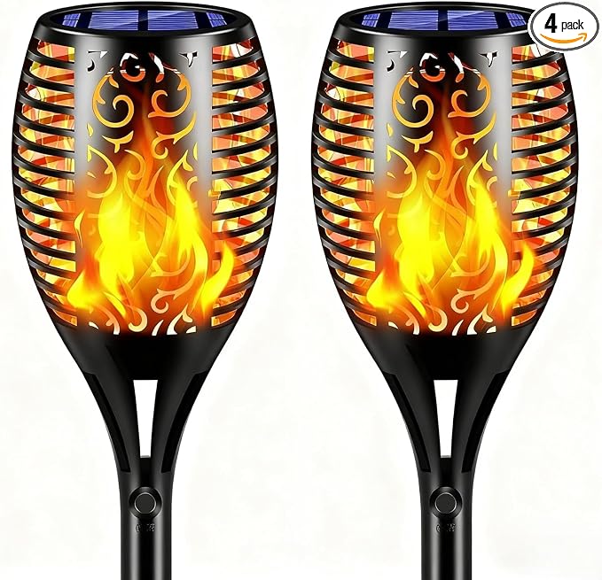 TomCare Flickering Flame Solar Torch Lights Outdoor, 43" Tall, 2 Pack | Realistic 99-LED Flame Effect, Charges in 6-8 Hours, 10-12-Hour Runtime, IP65 Waterproof, Auto On/Off for Yard, Patio, Garden