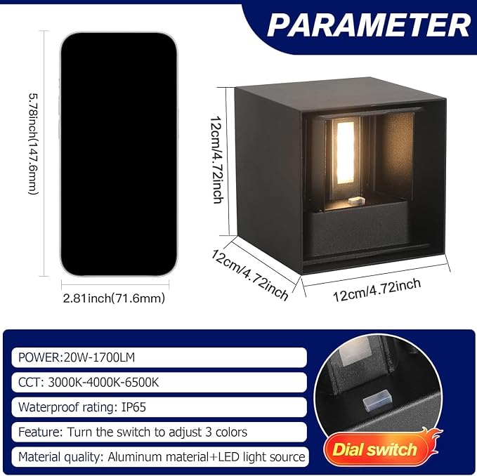 20W 3CCT Adjustable Up and Down LED Wall Sconce | Black IP65 waterproof ETL certified 1300LM Exterior/Interior Lighting Fixtures for porches & patios