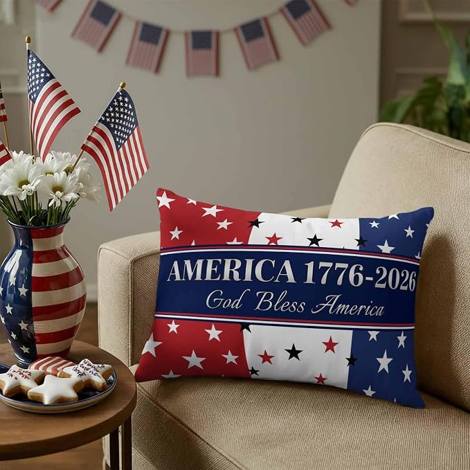 America 250th Anniversary Outdoor Pillow Covers 20"x12" Set of 2, God Bless America Patriotic Star Strip Waterproof Throw Pillow Covers for Patio Furniture, Decorative Cushion Covers for Porch