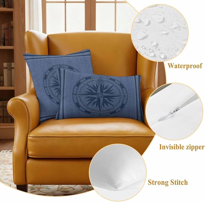 Compass Navigation Outdoor Waterproof Throw Pillow Covers Set of 2, 20"x20", Guide Letter Printing Decorative Pillow Covers Outside Cushion Case for Patio Porch Garden