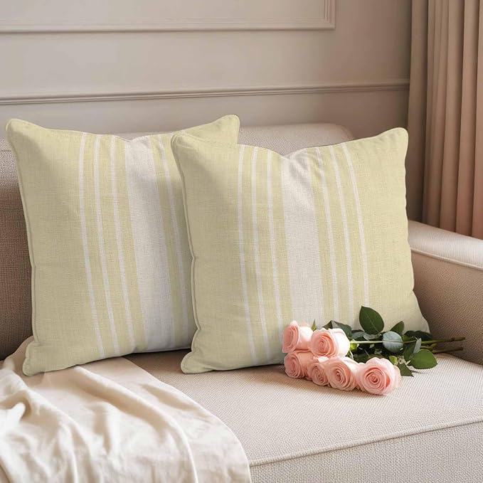 Throw Pillow Covers 26x26 Inch Set of 2, Cream Beige Striped Waterproof Outdoor Cushion Covers, Modern Farmhouse Retro Lines Decorative Pillowcases for Couch, Sofa, Bed, Garden, Patio