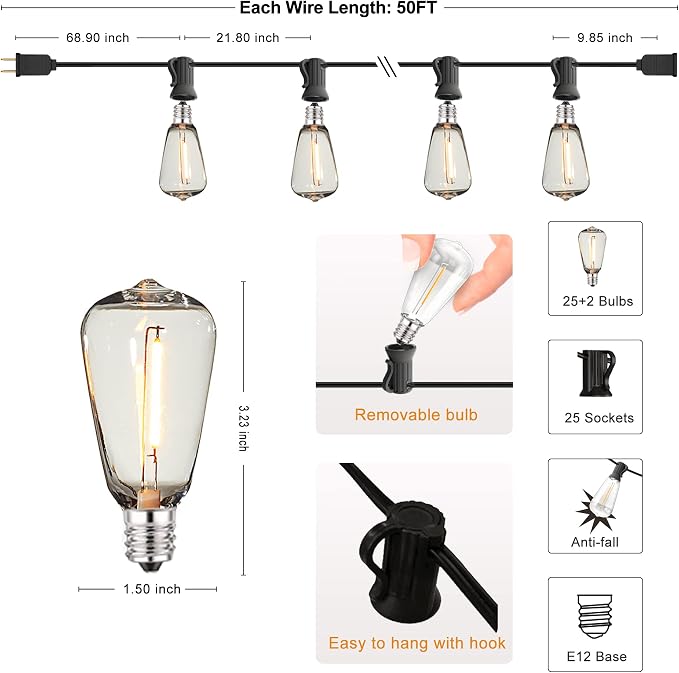 Outdoor String Lights Waterproof 50FT Patio Lighting for Outside Patio Yard | 50FT Connectable Outdoor Lights, 27 Plastic Dimmable Edison Bulbs for Backyard Bistro Porch Garden Gazebo Balcony Deck Cafe
