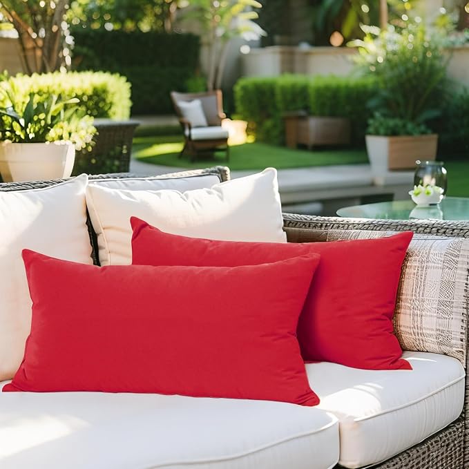SK Studio Outdoor Water Resistant Throw Pillows, Decorative Patio Lumbar Cushions, Fluffy Furniture Garden Cushions for Home Patio Coach Sofa Use, Pack of 2, Wine Red, 12x20 Inch