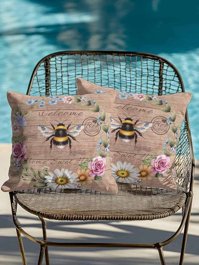 Outdoor Waterproof Throw Pillows Farmhouse Bee Flower Wreath Patio Pillows Pack of 2,Decorative Pillow Covers with Insert,Pillow Cushion Case for Garden Couch Sofa Farm Retro Wood Board
