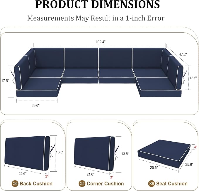 14pc Waterproof Outdoor Couch Cushions for 6Seat Patio NavyBlue+WhitePiping | Water-resistant, UV-resistant,14pc High-Density Foam Replacement Cushions for 6-Seat Outdoor Sectional Furniture