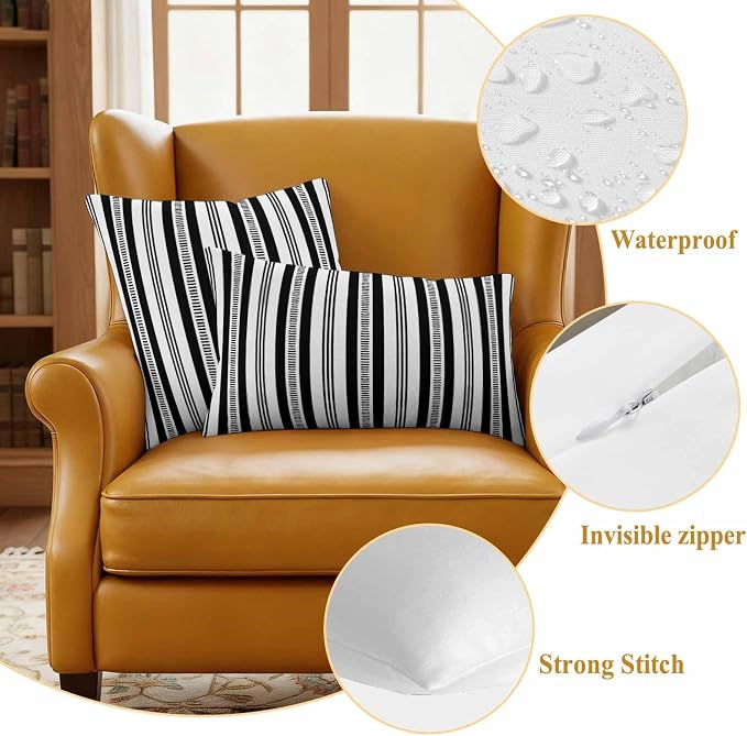 Black Striped Outdoor Waterproof Pillow Covers, Farmhouse Stripes Modern Geometric Decorative Square Throw Pillowcase Sofa Cushion Sham for Patio/Couch/Chair, 20"x20" 2 Pack