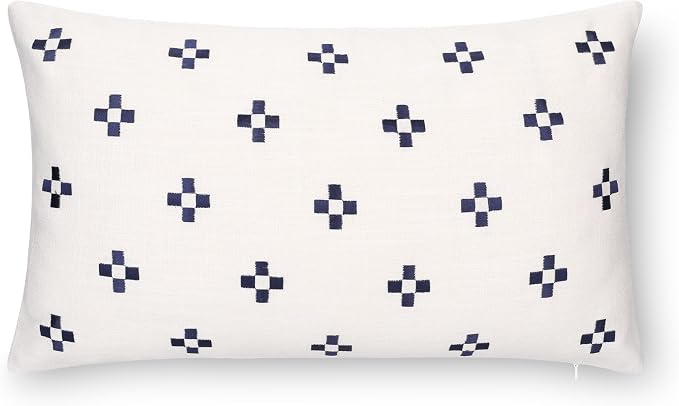 California Casual Coastal Indoor Outdoor Lumbar Pillow Cover, 12"x20" Water Repellent for Patio, Backyard, Couch, Poolside, Neutral Navy Embroidered Small Squares