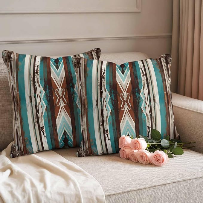 Ethnic Tribal Stripes Outdoor Pillow Covers 18"x18" Set of 2, Retro Vintage Geometric Teal Brown Stripes Waterproof Throw Pillow Covers for Patio Furniture, Decorative Cushion Covers for Porch