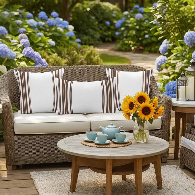 Outdoor Waterproof Throw Pillow Covers Set of 2 Brown Stripes Pillowcases 16x16 Inches White Vertical Striped Decorative Pillows Cushion Case Patio Pillows for Couch Bed Chair Garden