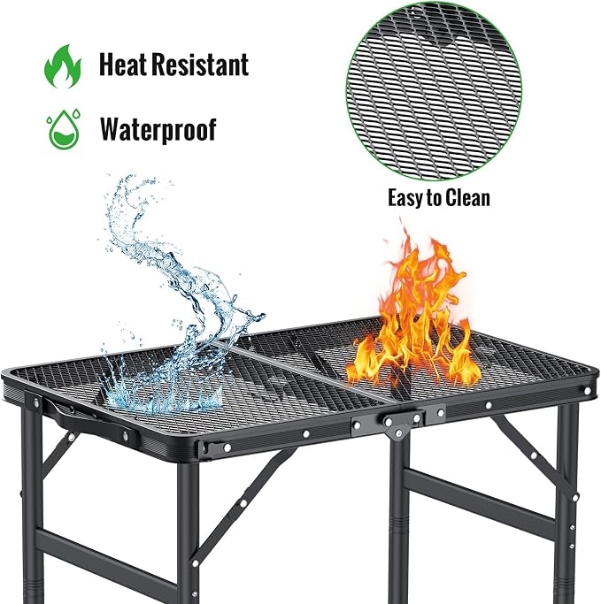 GARLLEN Folding Grill Table, 3 Adjustable Height Lightweight Camping Table with Heat-Resistant Tabletop, Portable Aluminum Outdoor Table for BBQ, Picnic, 23.6" L x 15.7" W, Threaded Install, Black