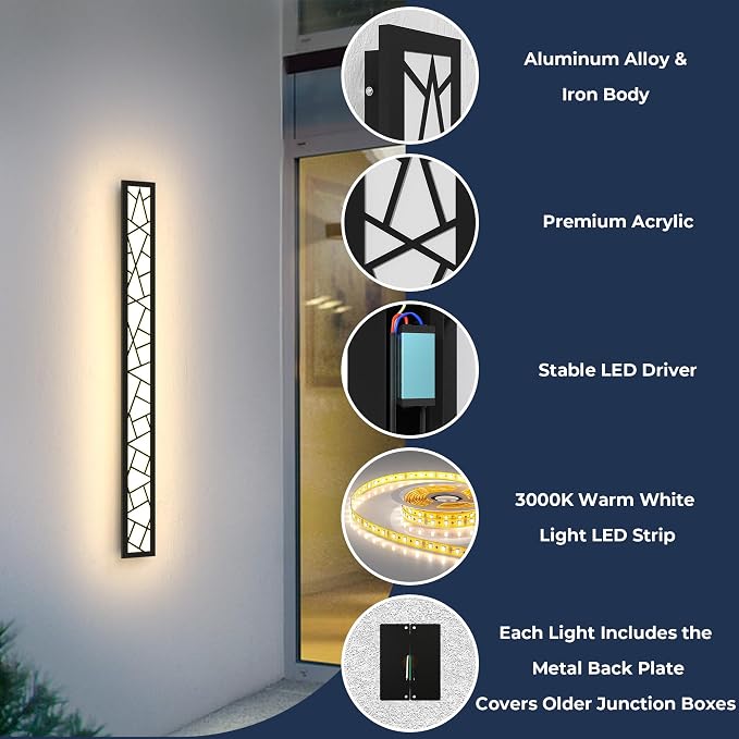 Outdoor Wall Lights 23.6inch Modern Outdoor Wall Sconce LED Long Wall Sconces Black Front Porch Light Waterproof Led Wall Light IP67 3000K Exterior Lighting Fixtures