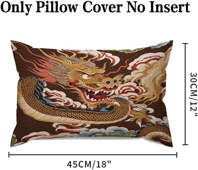 Set of 2 Chinese Oriental Style Asian Dragon Gold Pillow Covers 12x18in Farmhouse Canvas Cushion Covers Outdoor for Couch Chair Home Decor for Family Friends